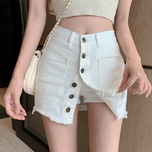 Summer Women Casual Korean High Waist Denim Short Skirts Mini A-Line Skirt Pockets Empire Package Hip Slim Skirts Female