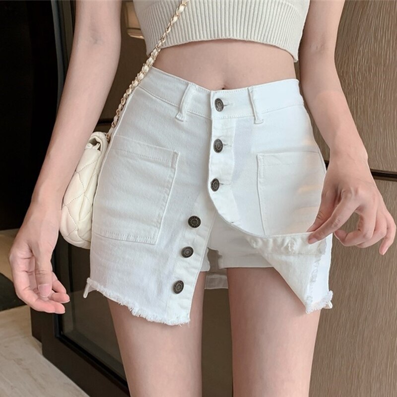 Summer Women Casual Korean High Waist Denim Short Skirts Mini A-Line Skirt Pockets Empire Package Hip Slim Skirts Female