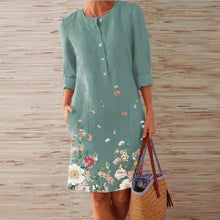 Load image into Gallery viewer, Summer Women Casual Round Neck Dress Floral Print Loose Large Size XXXL Outdoor Dress Elegant Lady Long Sleeve Button Slim Dress