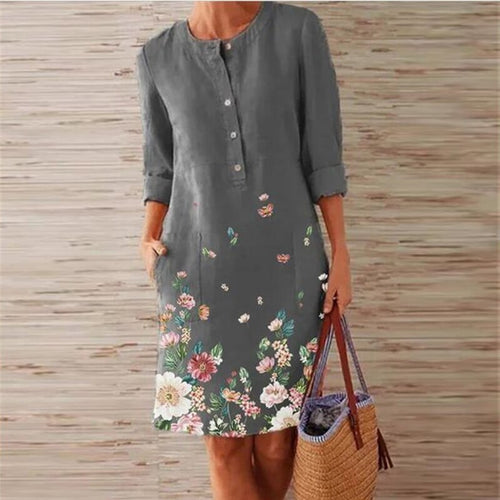 Summer Women Casual Round Neck Dress Floral Print Loose Large Size XXXL Outdoor Dress Elegant Lady Long Sleeve Button Slim Dress