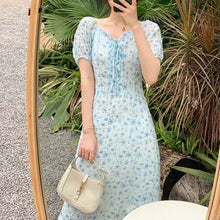 Load image into Gallery viewer, Summer Women Elegant Fashion A-line Print Robe Short Puff Sleeve Sexy V-neck Chiffon Dress Sweet Female DrawString Vestido Mujer