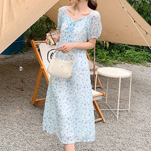 Load image into Gallery viewer, Summer Women Elegant Fashion A-line Print Robe Short Puff Sleeve Sexy V-neck Chiffon Dress Sweet Female DrawString Vestido Mujer