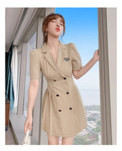 Load image into Gallery viewer, Summer Women Elegant Notched collar Puff Sleeve Double-breasted Mini Pleated Dress Vintage OL Slim Waist Mini Dress