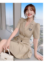 Load image into Gallery viewer, Summer Women Elegant Notched collar Puff Sleeve Double-breasted Mini Pleated Dress Vintage OL Slim Waist Mini Dress