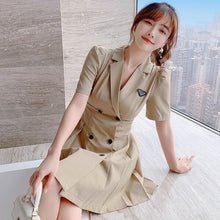 Load image into Gallery viewer, Summer Women Elegant Notched collar Puff Sleeve Double-breasted Mini Pleated Dress Vintage OL Slim Waist Mini Dress