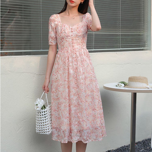 Summer Women Elegant Square Collar Short-Sleeved Chiffon Dress Korean Fashion High Waist Floral Print Vintage Midi Dresses