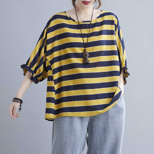 Summer Women Harajuku Striped Tshirt Short Sleeve O-Neck T-Shirts Vintage Cotton Linen Half Sleeve Ruffle Loose Casual Tops