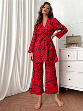 Load image into Gallery viewer, Summer Women Leopard Pyjamas Print Out Fit Sets Long Sleeve Nightgown Lace Top with Trouser  Sleepwear Suit