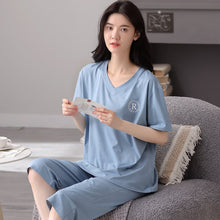 Load image into Gallery viewer, Summer Women Pajamas Set Soild Modal Cotton Nightwear Short Sleeve + Calf-Length Pants Sleepwear Girls Fashion XXL Homewear
