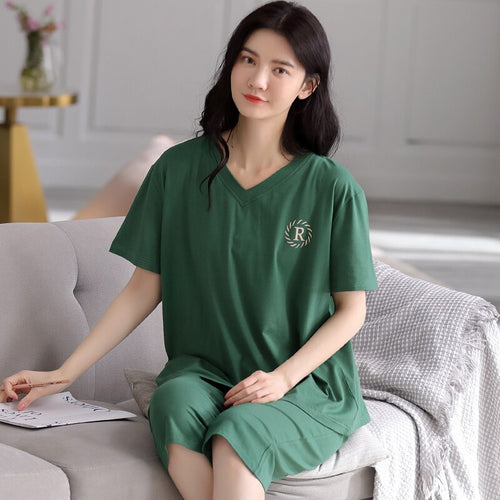 Summer Women Pajamas Set Soild Modal Cotton Nightwear Short Sleeve + Calf-Length Pants Sleepwear Girls Fashion XXL Homewear