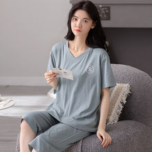 Load image into Gallery viewer, Summer Women Pajamas Set Soild Modal Cotton Nightwear Short Sleeve + Calf-Length Pants Sleepwear Girls Fashion XXL Homewear