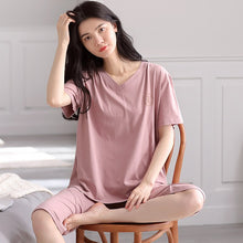 Load image into Gallery viewer, Summer Women Pajamas Set Soild Modal Cotton Nightwear Short Sleeve + Calf-Length Pants Sleepwear Girls Fashion XXL Homewear