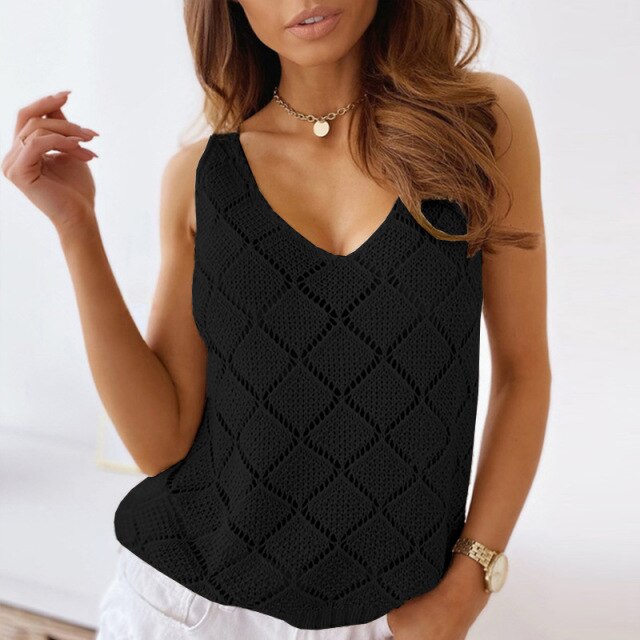 Summer Women Sexy Camisole Shirts Knitted Deep V-Neck Sleeveless Casual Tanks Top Fashion Hollow Out Ladies Crop Tops Vest