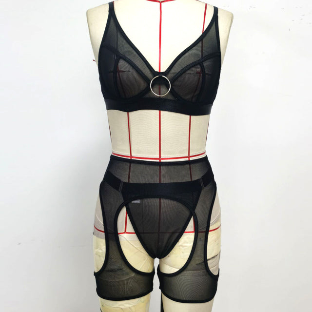 Summer Women Sexy Mesh Lingerie Set Garter Lace Bra Hollow Out Bras Sex Thong Transparent Straps Temptation Erotic Underwear Set