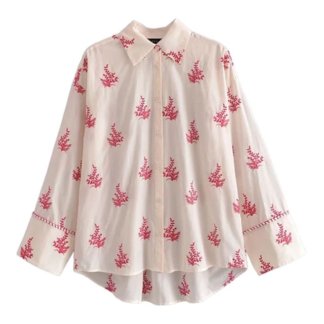 Summer Women Shirts 2021 ZA Vintage Embroidery Printing Long sleeve Blouses Loose Fashion Female Single-breasted Chic Tops