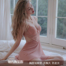 Load image into Gallery viewer, Summer Women Sleepwear Sexy Nightdress Bow Lace Hollow Sexy Nightgown with Chest Pad Party Night Dress Panty Suit Lingerie Dress