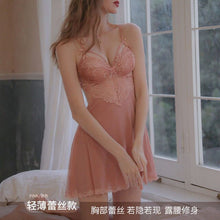 Load image into Gallery viewer, Summer Women Sleepwear Sexy Nightdress Bow Lace Hollow Sexy Nightgown with Chest Pad Party Night Dress Panty Suit Lingerie Dress