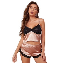 Load image into Gallery viewer, Summer Women Sleeveless Soft Satin Pajama Sets Femme Sleepwear Sexy Lace Trim Lounge Wear