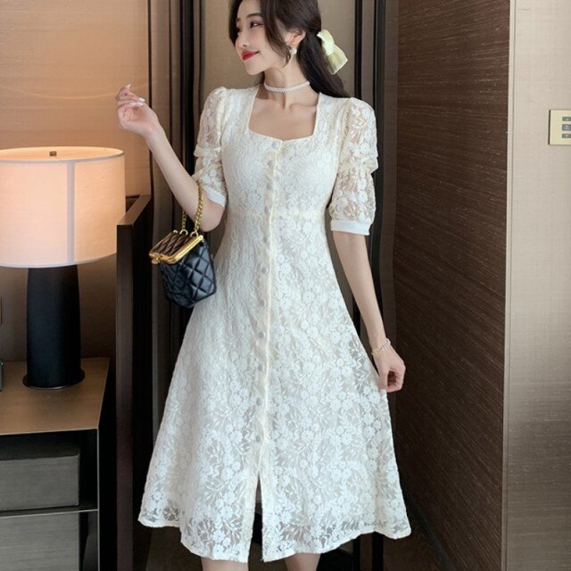 Summer Women Sweet Lace Elegant Square Collar Single Breasted Midi Dress Female 2021 Retro Casual A-Line Party Dress Vestidos