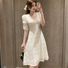 Load image into Gallery viewer, Summer Women Sweet Lace Elegant Square Collar Single Breasted Midi Dress Female 2021 Retro Casual A-Line Party Dress Vestidos
