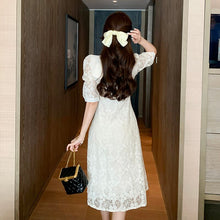 Load image into Gallery viewer, Summer Women Sweet Lace Elegant Square Collar Single Breasted Midi Dress Female 2021 Retro Casual A-Line Party Dress Vestidos