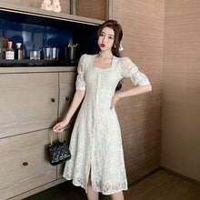 Load image into Gallery viewer, Summer Women Sweet Lace Elegant Square Collar Single Breasted Midi Dress Female 2021 Retro Casual A-Line Party Dress Vestidos