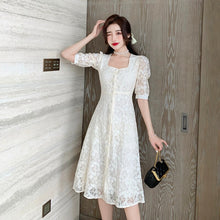 Load image into Gallery viewer, Summer Women Sweet Lace Elegant Square Collar Single Breasted Midi Dress Female 2021 Retro Casual A-Line Party Dress Vestidos