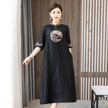 Load image into Gallery viewer, Summer Women Vintage Embroidery Chinese Style Improved Cheongsam Half Sleeve Loose Stand Collar Retro Buckle Midi Dress Female