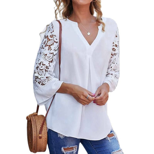 Summer Women White Blouse V-Neck Lace Shirts 3/4 Sleeve Sexy Hollow Out Tunic Tops Casual Loose Solid Office Blusas S-5XL