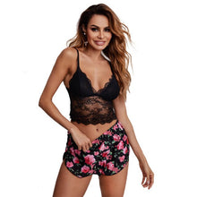 Load image into Gallery viewer, Summer Women&#39;s Lace Pajamas Set Flower Print Loungwear Oil Painting Pattern Sleepwear Suit 2pc Ladies Outfit