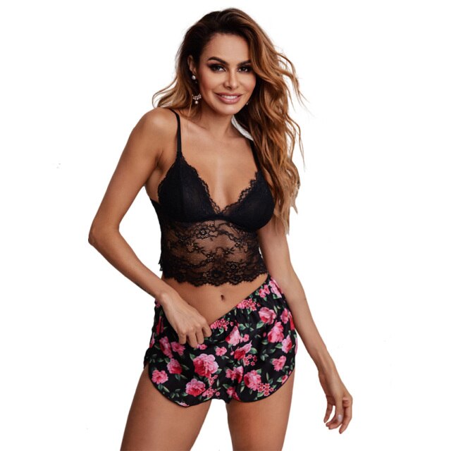 Summer Women's Lace Pajamas Set Flower Print Loungwear Oil Painting Pattern Sleepwear Suit 2pc Ladies Outfit