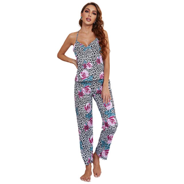 Summer Women's Leopard Floral Print Loungewear Sexy Pajamas Set Comfy Homewear Rose Camisole with Pant Suit