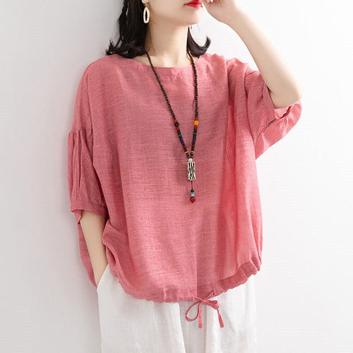 Summer Women's Loose Solid Color T-Shirt Casual Office Lady Elegant Fashion Cotton Bat Sleeve O Neck Hem Plus Size 5XL T-Shirt