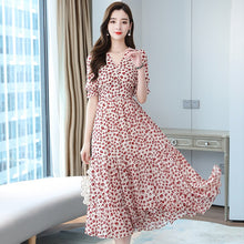 Load image into Gallery viewer, Summer Women&#39;s New V-Neck Short Sleeve Printing High Quality Chiffon Casual Fashion Dress Beautiful Elegant Medium Length Skirt