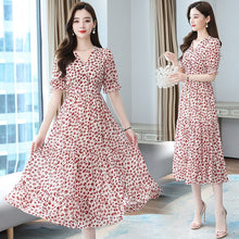 Load image into Gallery viewer, Summer Women&#39;s New V-Neck Short Sleeve Printing High Quality Chiffon Casual Fashion Dress Beautiful Elegant Medium Length Skirt