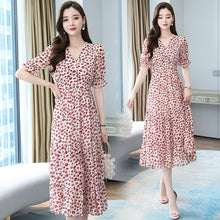 Load image into Gallery viewer, Summer Women&#39;s New V-Neck Short Sleeve Printing High Quality Chiffon Casual Fashion Dress Beautiful Elegant Medium Length Skirt