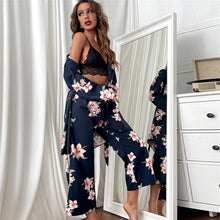 Load image into Gallery viewer, Summer Women&#39;s Print Sleepwear Floral Dressing Gown 3pcs Robe Set Long Pant Pajamas Lounge Wear