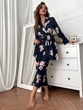 Load image into Gallery viewer, Summer Women&#39;s Print Sleepwear Floral Dressing Gown 3pcs Robe Set Long Pant Pajamas Lounge Wear