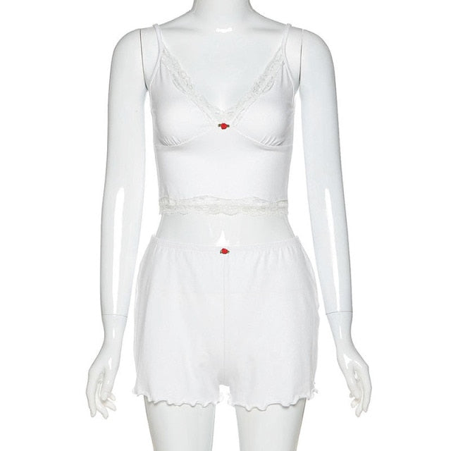 Summer Women's Rose Pajama Sets.Cute Ladies Girls 2 Pieces Set Spaghetti Strap Crop Top+High-waisted Shorts.Skinny Loungewear