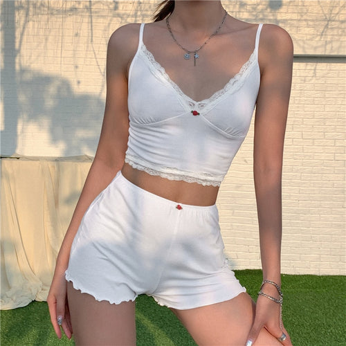 Summer Women's Rose Pajama Sets.Cute Ladies Girls 2 Pieces Set Spaghetti Strap Crop Top+High-waisted Shorts.Skinny Loungewear