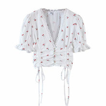 Load image into Gallery viewer, Summer button up shirts for women sexy lace blouse women casual short sleeve white top cute puff sleeve top cropped shirt v neck