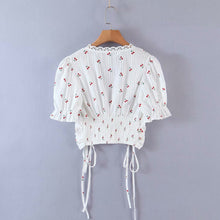 Load image into Gallery viewer, Summer button up shirts for women sexy lace blouse women casual short sleeve white top cute puff sleeve top cropped shirt v neck