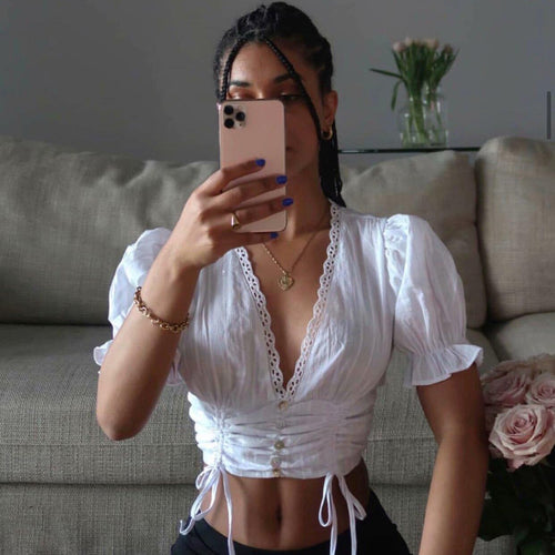 Summer button up shirts for women sexy lace blouse women casual short sleeve white top cute puff sleeve top cropped shirt v neck