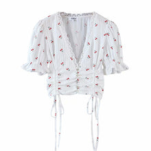 Load image into Gallery viewer, Summer button up shirts for women sexy lace blouse women casual short sleeve white top cute puff sleeve top cropped shirt v neck