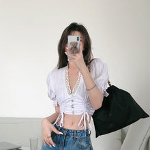 Load image into Gallery viewer, Summer button up shirts for women sexy lace blouse women casual short sleeve white top cute puff sleeve top cropped shirt v neck