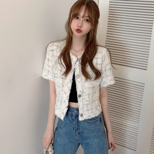 Summer clothes Thin Tweed Jackets Women 2020 Summer Short Sleeve Crop top Jacket Streetwear Fashion Single Breasted outfits