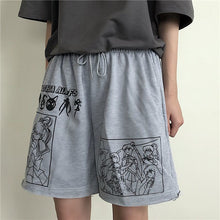 Load image into Gallery viewer, Summer pants streetwear cartoon Comic black shorts letters print high waist shorts Casual loose elastic waist Straight shorts