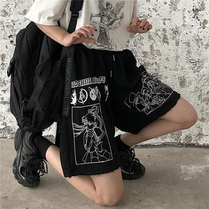 Summer pants streetwear cartoon Comic black shorts letters print high waist shorts Casual loose elastic waist Straight shorts