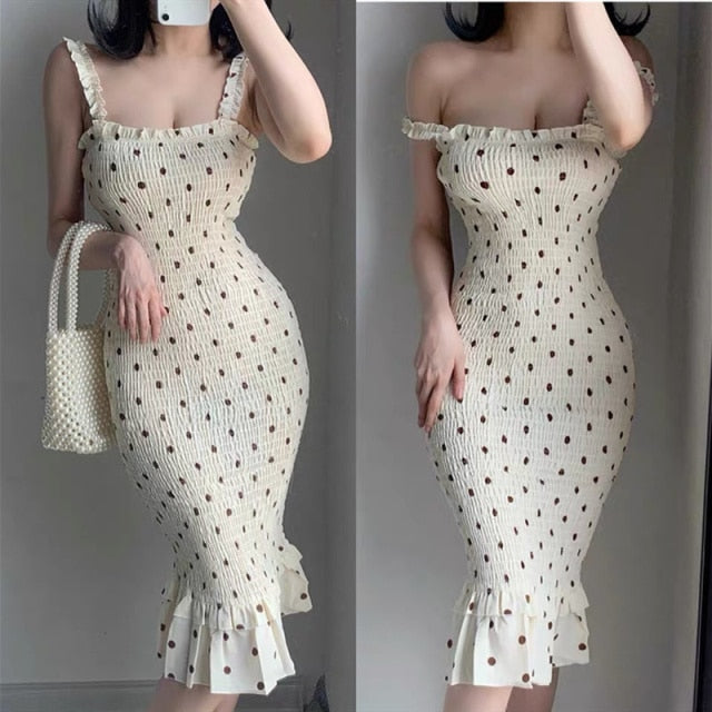 Summer pastoral storm point strap dress strapless sleeveless slim waist waist fishtail dress Midi dress chiffon