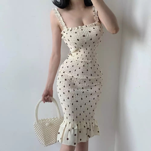 Summer pastoral storm point strap dress strapless sleeveless slim waist waist fishtail dress Midi dress chiffon